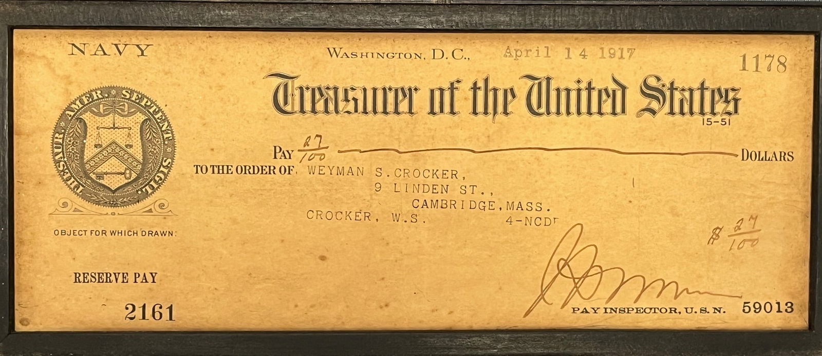 ORIGINAL WWI CHECK, TREASURY OF THE U.S. NAVY, WASHINGTON DC APRIL 14, 1917 (1 of 5)