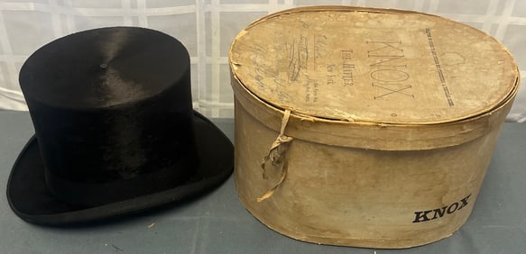 ANTIQUE BEAVER SKIN TOP HAT IN ORIGINAL HAT BOX, KNOX, THE HATTER NEW YORK