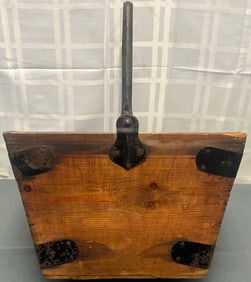 WOODEN CARRIER WITH WROUGHT IRON HANDLE & METAL REINFORCEMENTS