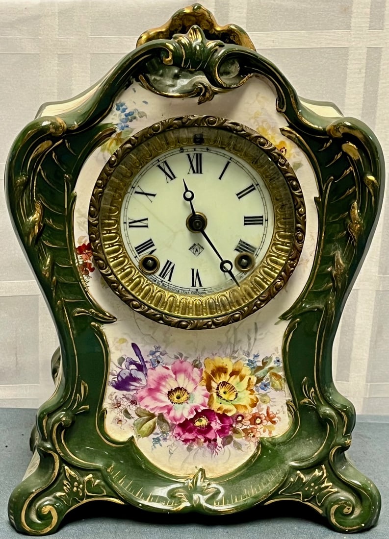 ELABORATE 19TH C. ROYAL BONN PORCELAIN MANTEL CLOCK - ANSONIA CLOCK WORKS (1 of 14)