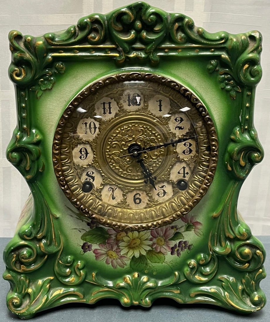 ELABORATE 19TH C. #428 ROYAL BONN PORCELAIN CLOCK CASE, GILBERT BRASS WORKS (1 of 11)