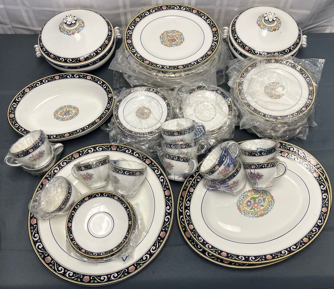 70 PIECE WEDGWOOD BONE CHINA DINNERWARE SET "RUNNYMEDE" - LIKE NEW: 70 PIECE WEDGWOOD BONE CHINA DINNERWARE SET "RUNNYMEDE" - LIKE NEW - APPEARS TO BE UNUSED AND MOST IN ORIGINAL WEDGWOOD PLASTIC BAGS - EXCELLENT CONDITION - CONDITION AS SEEN IN PHOTOS PROVIDED