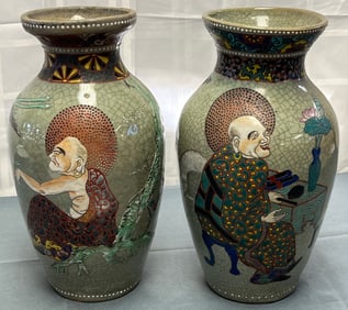 PAIR OF JAPANESE MEIJI PERIOD ENAMELED HAND PAINTED CRACKLE GLAZE VASES