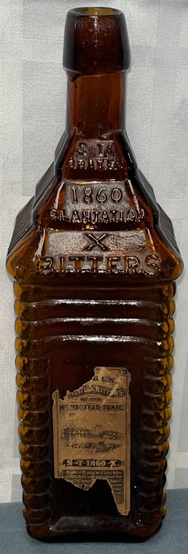 ORIGINAL 19TH C. (1860) DRAKE'S PLANTATION LOG CABIN BITTERS BOTTLE W/ LABEL (1 of 13)