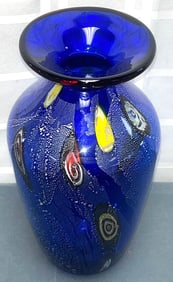 HAND BLOWN COBALT BLUE ART GLASS VASE WITH MILLIFIORI TYPE DECORATION