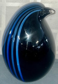 MURANO HAND BLOWN ART GLASS PENGUIN WITH BLUE & WHITE STRIPES