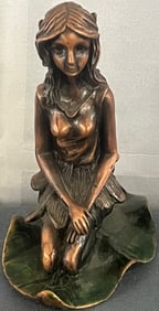 SMALL BRONZED COPPER FIGURE, TINKER BELL? SMALL GIRL ON LILY PAD