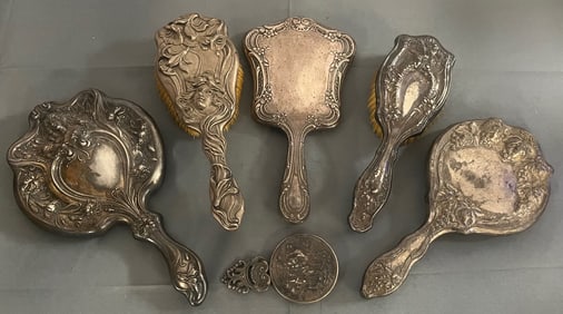 GROUP OF 6 STERLING & SILVERPLATE DRESSER HAND MIRRORS, BRUSHES