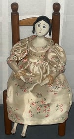 ANTIQUE JOINTED HAND PAINTED WOODEN DOLL WITH VINTAGE DOLL CHAIR