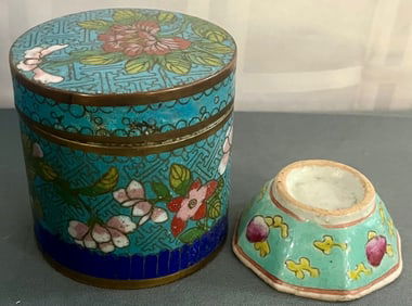 TWO ANTIQUE ASIAN PIECES, CLOISSONE CYLINDRICAL BOX, PORCELAIN CUP