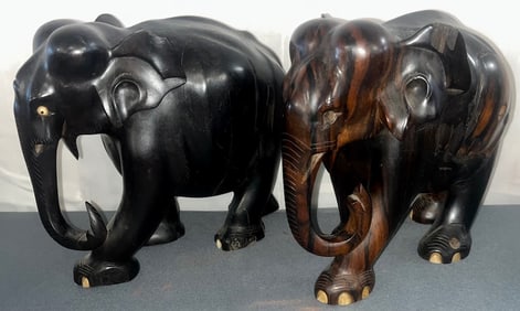 PR OF HEAVY LIGNUM VITAE CARVED WOODEN ELEPHANTS
