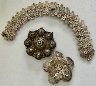 3 PCS STERLING SILVER FILIGREE JEWELRY, BRACELET, 2 BROOCHES, 63 GRAMS
