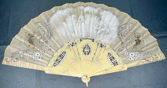 ANTIQUE VICTORIAN HAND PAINTED SILK HAND FAN WITH SEQUINS