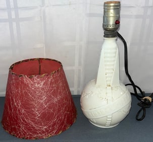 1939 WORLDS FAIR MILK GLASS GLOBE BOTTLE LAMP, SPUN FIBERGLASS SHADE