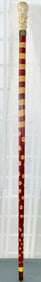 ANTIQUE PAINT DECORATED CANE, WALKING STICK WITH CARVED BONE HANDLE