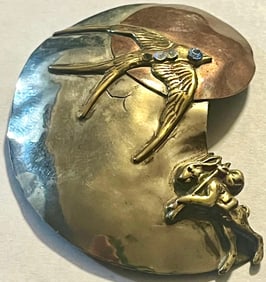 VINTAGE MIXED METAL BROOCH WITH BIRD (SWALLOW) AND RABBIT