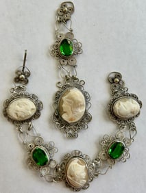 VINTAGE ART DECO STERLING SILVER FILIGREE, CAMEO BRACELET AND PENDANT