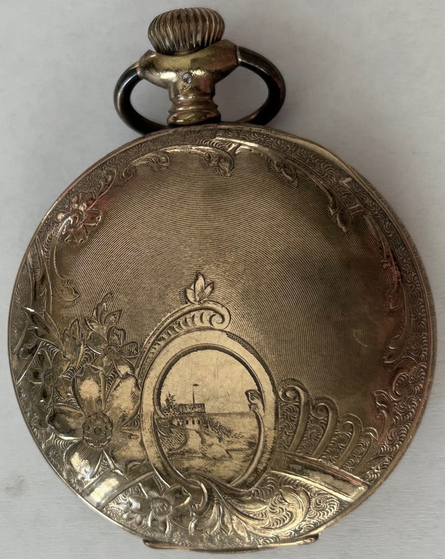 ENGRAVED ANTIQUE WALTHAM GOLD FILLED HUNTER CASE POCKET WATCH: ENGRAVED ANTIQUE WALTHAM GOLD FILLED HUNTER CASE POCKET WATCH, ENGRAVED ON FRONT AND BACK CASE, AMERICAN WALTHAM WATCH CO., CONDITION AS SEEN IN PHOTOS PROVIDED