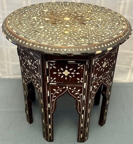 ANGLO INDIAN HOSHIARPUR INLAID WOODEN TABLE WITH HEXAGONAL BASE