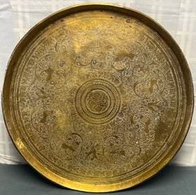 LARGE 23" DIAMETER HEAVILY ENGRAVED / INCISED DECORATIVE ANTIQUE BRASS TRAY