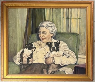 FRAMED O/C WOMAN WITH BOSTON TERRIERS, CLARA LANGENBACH 1945