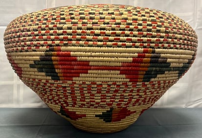 LARGE COILED HAND WOVEN BASKET WITH GEOMETRIC DESIGNS
