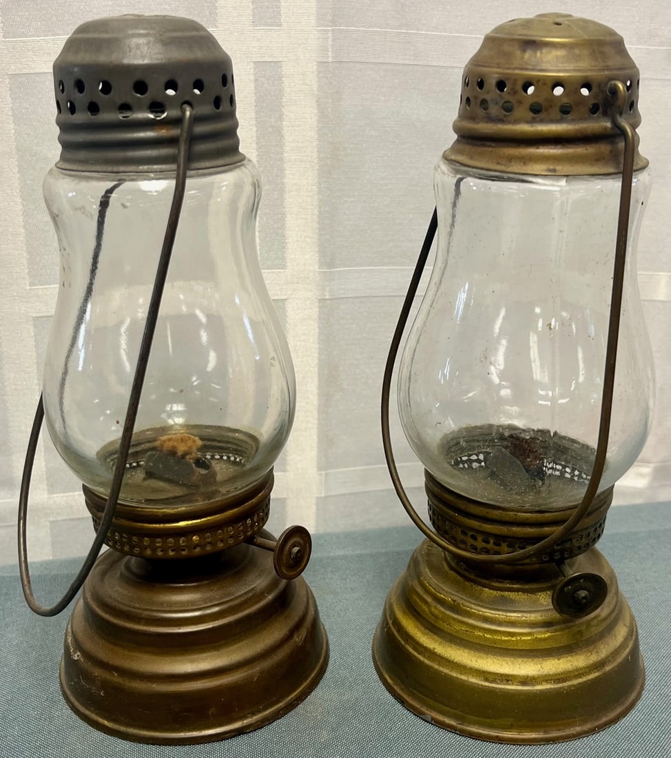 TWO ANTIQUE VICTORIAN ERA BRASS SKATER'S LANTERNS, ONE EMBOSSED "JEWEL" (1 of 7)