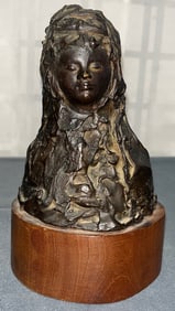 ARTIST SIGNED FEMALE BRONZE BUST ON WOODEN BASE