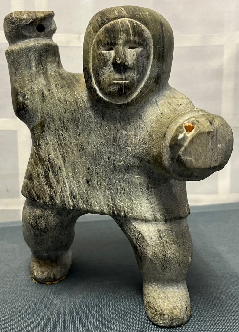 CARVED STONE INUIT / ESKIMO FIGURE OF MALE HUNTER: CARVED STONE INUIT / ESKIMO FIGURE OF MALE HUNTER, MEASURES APPROX. 7" HIGH