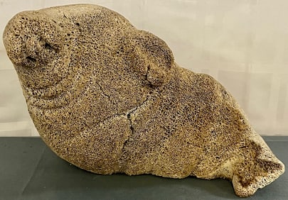 8.5" CARVED FOSSILIZED WHALE BONE INUIT ESKIMO FIGURE OF WALRUS