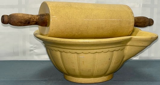 19TH C. YELLOW WARE BATTER BOWL AND YELLOW WARE ROLLING PIN