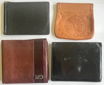 GROUP OF 4 VINTAGE LEATHER WALLETS, CHANGE PURSE