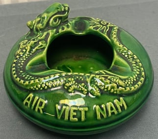 VINTAGE AIR VIET NAM GREEN DRAGON POTTERY ASHTRAY