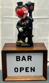 VINTAGE 14 INCH "BAR OPEN" LIGHT UP ADVERTISING SIGN / FIGURE