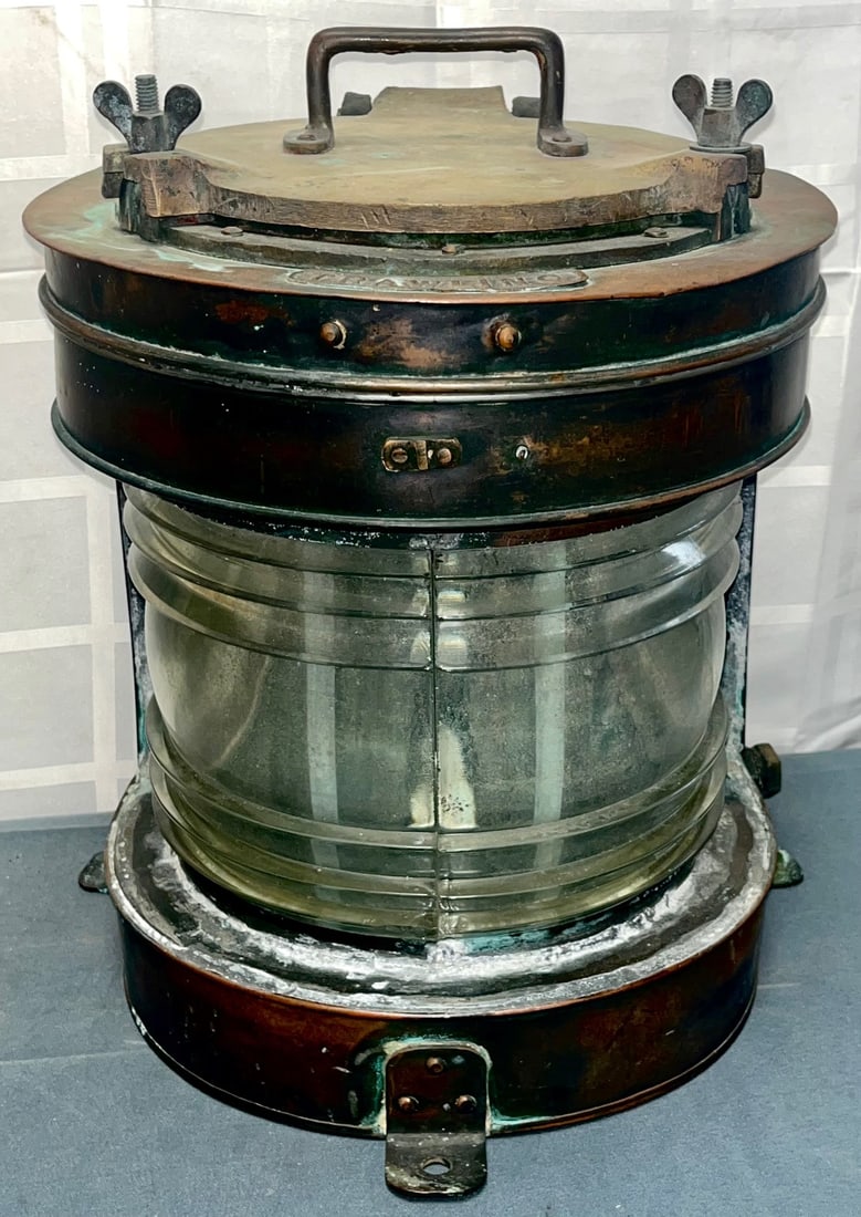 LARGE ANTIQUE TRAWLING SOLID COPPER AND BRASS SHIP'S LANTERN: LARGE ANTIQUE "TRAWLING" SOLID COPPER AND BRASS SHIP'S LANTERN, MEASURES APPROX. 15" HIGH, 11 1/2" WIDE, 12" DEEP, CONDITION AS SEEN IN PHOTOS PROVIDED