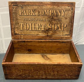 WOODEN ADVERTISING BOX W/ LID, "PARK COMPANY TOILET SOAP"