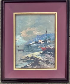 OIL PAINTING, DIMITRIUS DARZENTAS HARBOUR SEASCAPE SCENE