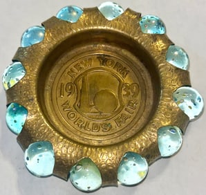 Rare 1939 New York Worlds Fair Brass & Glass Marble Ashtray, Trylon & Perisphere Design