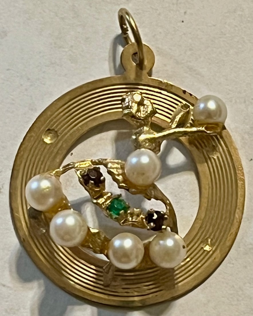 Vintage 14K Gold Modernist Dancer Pendant, Pearls, Emerald & Garnets, 3.46g: Vintage 14K Gold Modernist Dancer Pendant, Pearls, Emerald & Garnets, total weight 3.46g, stamped 14k