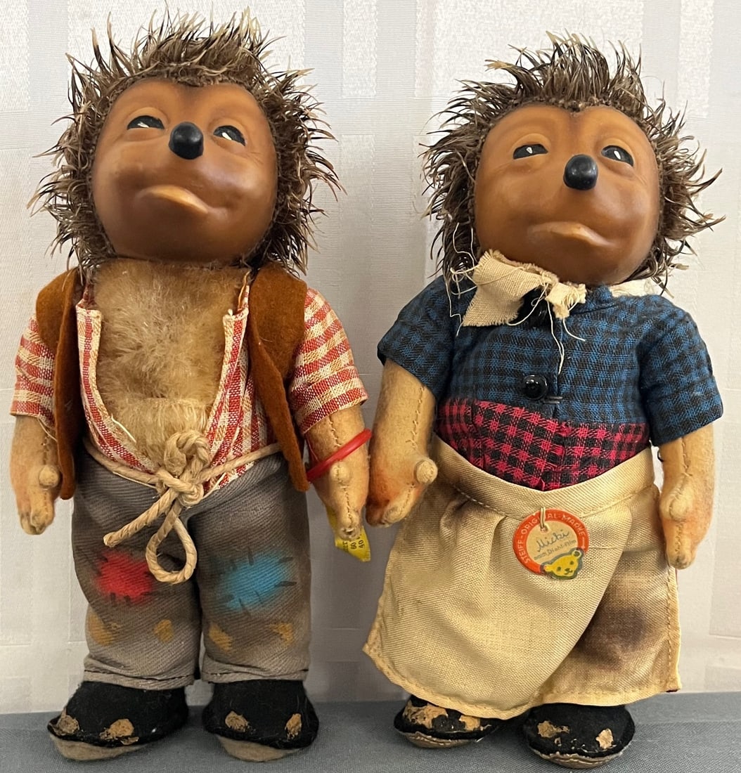 Vintage Steiff Mecki & Micki Hedgehog Dolls ~ 8" ~ Original Tags ~ Diehl Film Germany 1960s: Vintage Steiff Mecki & Micki Hedgehog Dolls, 8", Original Tags, Diehl Film Germany 1960s, good overall condition, condition as seen in photos provided