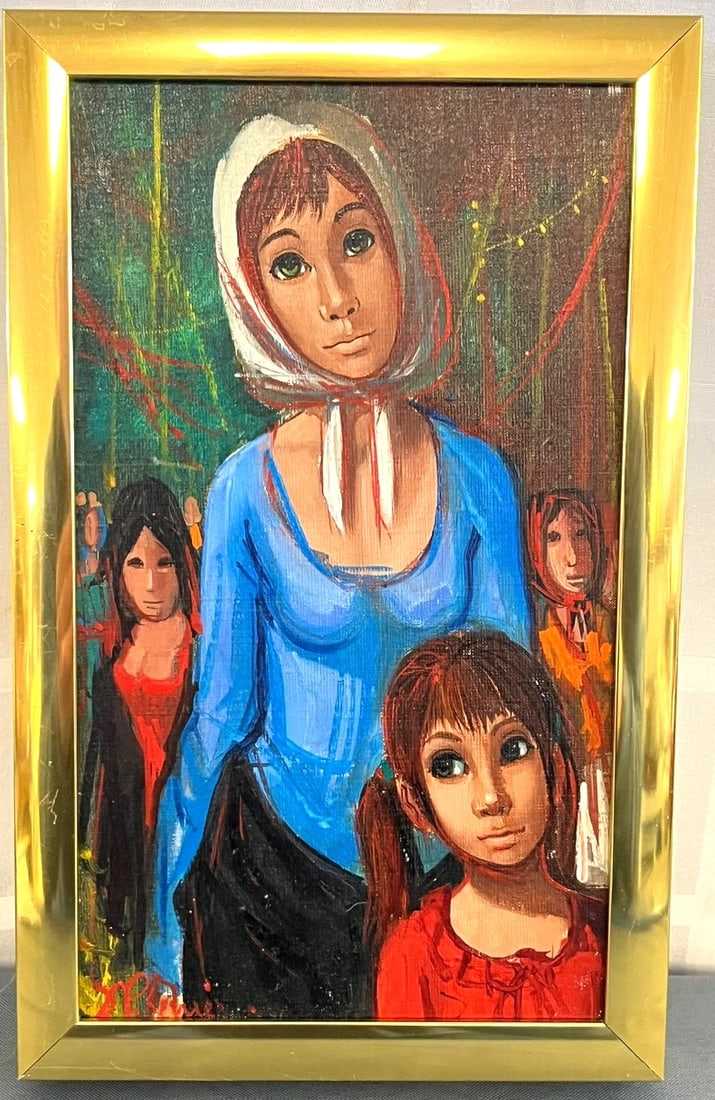 Jean-Pierre Serrier (1934-1989) "Personnages", Original Signed Oil on Canvas w/ Certificate: A charming and evocative original oil on canvas by acclaimed French post-surrealist Jean-Pierre Serrier (1934-1989), titled "Personnages". This emotionally rich work features a group of expressive fig