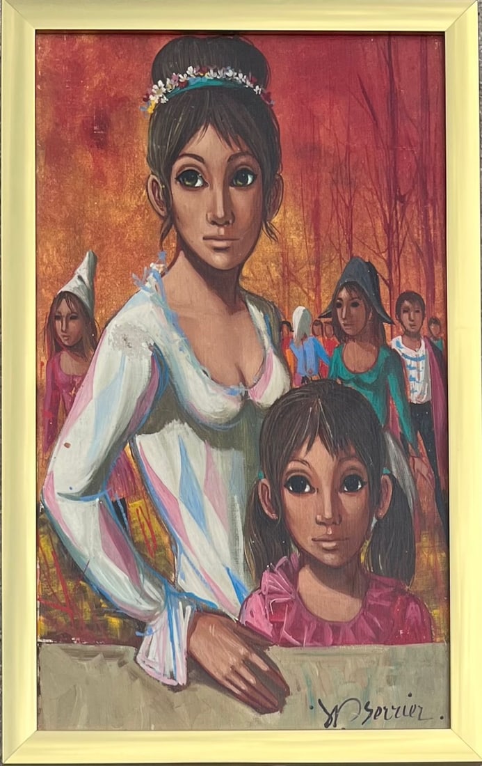 Jean-Pierre Serrier (1934-1989) "Personnages", Original Signed Oil on Canvas with Certificate: An original oil on canvas by acclaimed French post-surrealist Jean-Pierre Serrier, titled "Personnages". This evocative piece features a group of stylized figures rendered in Serrier's distinctive dre