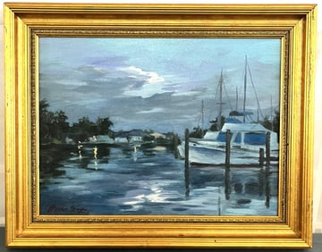 Brian Sage (b. 1974) Original Signed Oil Painting "Evening Reflections at the Marina"
