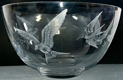 Josef Puehringer Signed Crystal Bowl, Hand-Etched Swallows in Flight, Museum-Quality