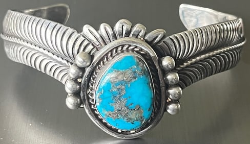 Vintage Navajo Sterling Silver & Turquoise Cuff Bracelet, RB Mark, 34.29g total weight