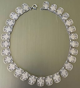 Vintage Sterling Silver Filigree Panel Necklace, Floral Rose Motif, Mid-Century European