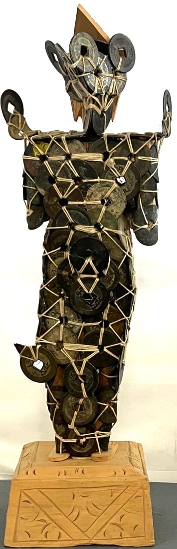 Chinese Folk Sculpture of Fortune Figure with Coin Armor, Carved Wood & Token Body: A unique Chinese folk art sculpture featuring a carved wood head, hands, feet, and base, with the figure?s torso and limbs constructed entirely from strung coin tokens. Likely intended as a talisman o