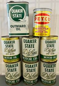 Lot of 8 vintage Quaker State & Petco metal and cardboard oil cans
