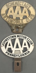 Two vintage AAA (triple A) Automobile license plate toppers, Schenectady NY, Johnstown Motor Club