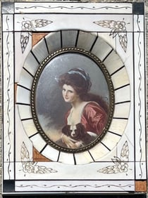 Miniature Antique Artist Signed portrait painting on ivory of Maiden with her dog, framed